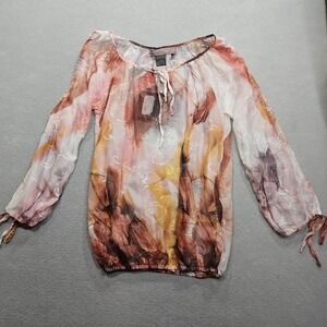 Urban Mango Sheer Embroidered Peasant Blouse Women Medium Tie Waist Split Sleeve
